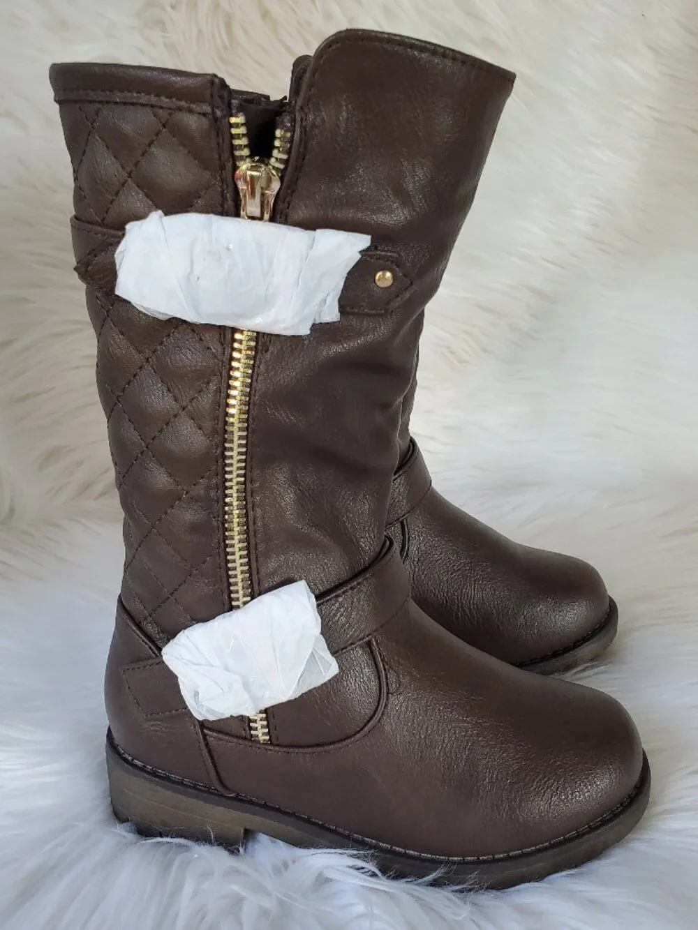 Dream Paris Brown Girl's Mid Calf Quilted Side Panel Buckle Straps Boots SZ 10